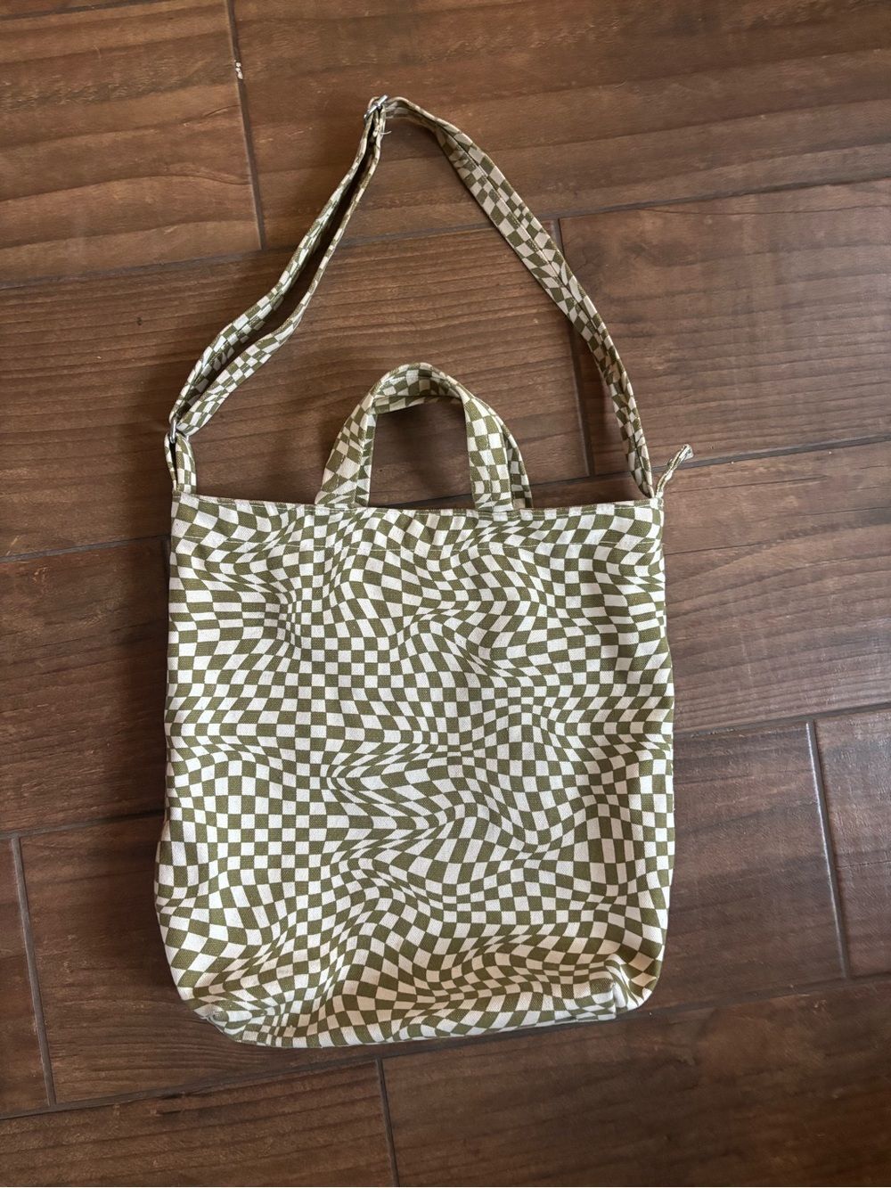 BAGGU Trippy Checker Horizontal Duck Bag Moss Green Canvas Tote Crossbody